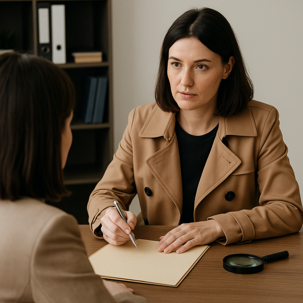 탐정사무소에서 여성 상담사가 의뢰인의 이야기를 듣고 문서에 기록하는 상담 장면