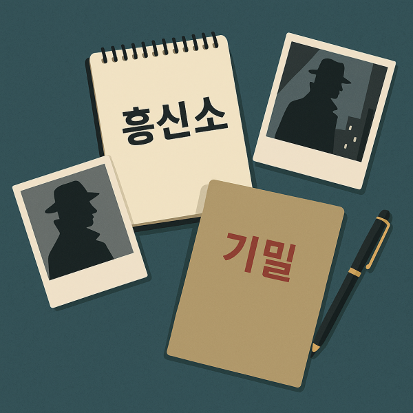 흥신소 썸네일 이미지, 탐정 실루엣 사진과 기밀 서류·노트가 배치된 탐정 사무소 일러스트
