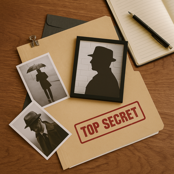 흥신소 자료 이미지, 탐정 책상 위에 놓인 기밀 문서와 흑백 사진·수첩·볼펜 등 조사 자료 구성 사진