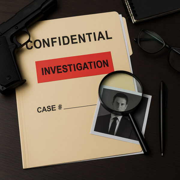 흥신소 조사 자료 이미지, 비밀 문서와 돋보기·사진·필기구 등이 배치된 탐정 업무 소품 사진