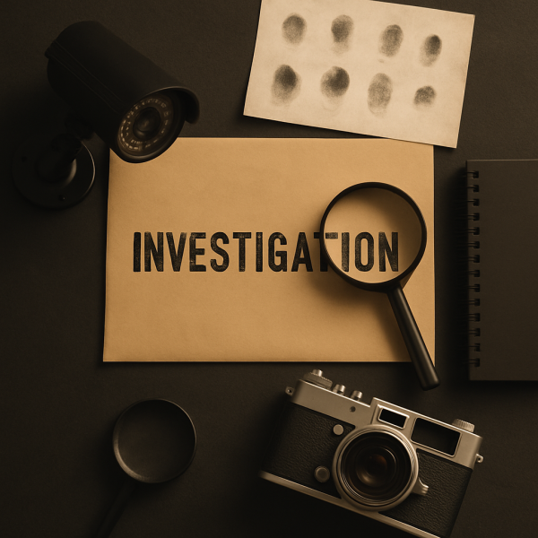 다양한 탐정 도구들이 정돈되어 배치된 흥신소 작업 테이블 모습