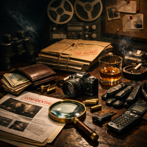 사설 탐정 업무에 사용되는 전문 장비와 문서가 놓인 조사용 데스크 풍경