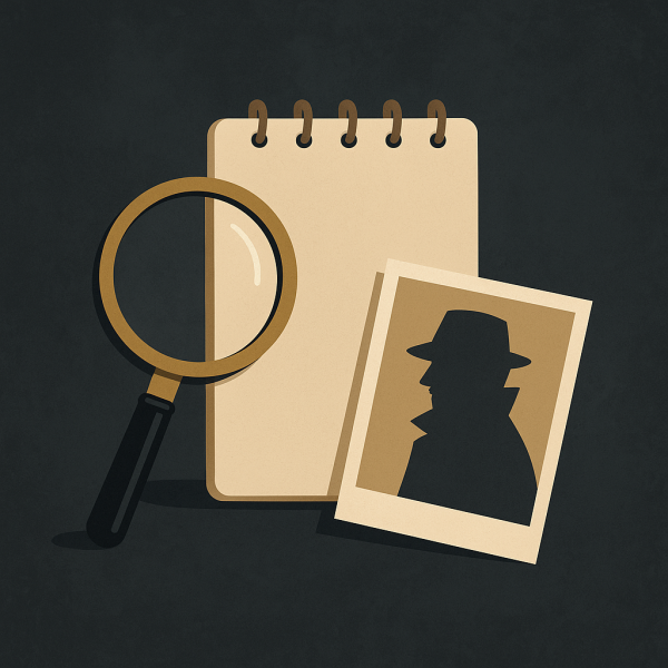 흥신소 썸네일 이미지, 탐정 업무를 상징하는 돋보기와 메모장·사진이 배치된 심플한 일러스트