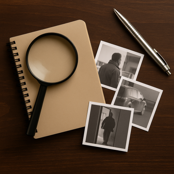 흥신소 업무 이미지, 책상 위 돋보기와 수첩·흑백 사진·볼펜이 놓인 탐정 자료 구성 사진